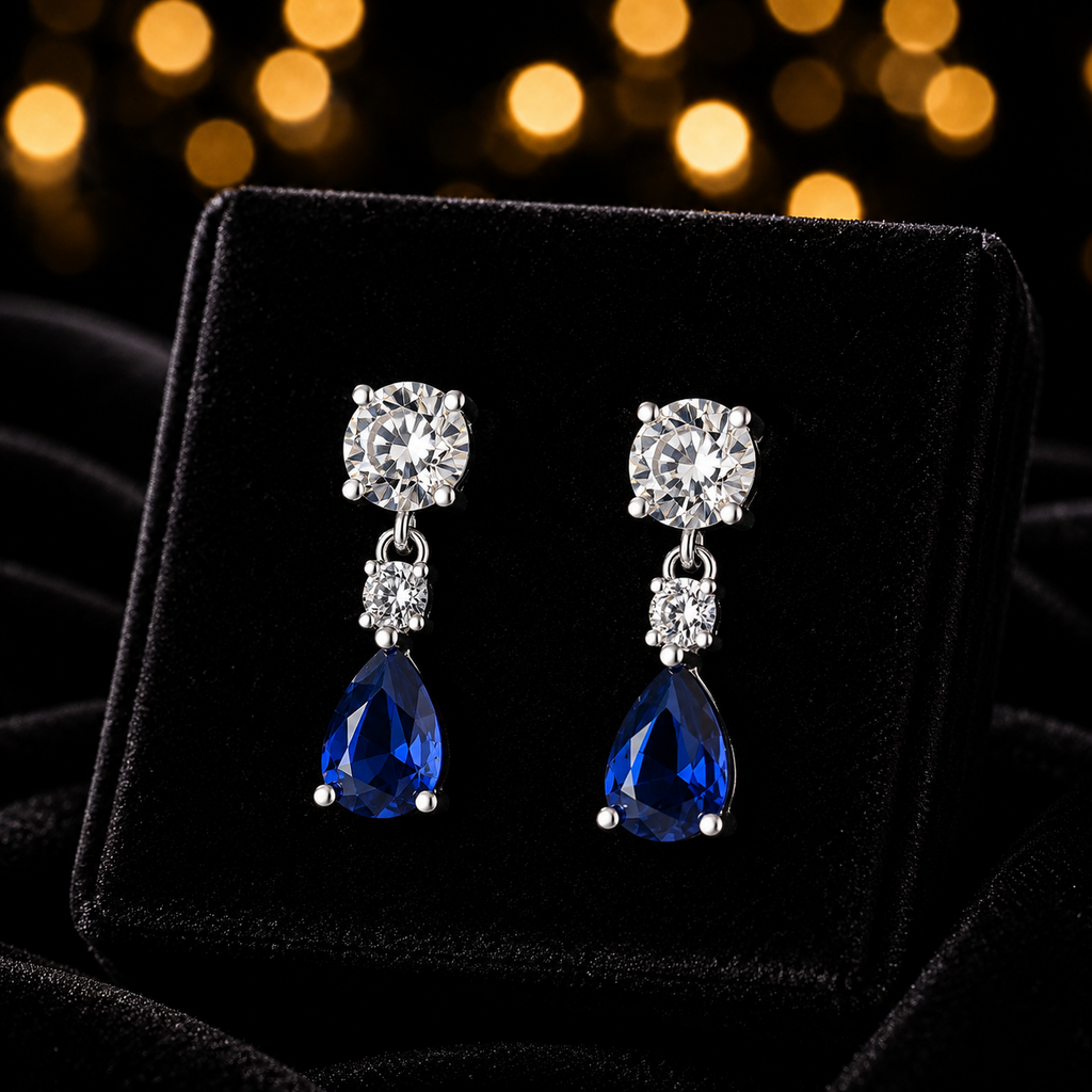 Sapphire Teardrop Drop Earrings Sterling Silver 925 Hallmarked British Made