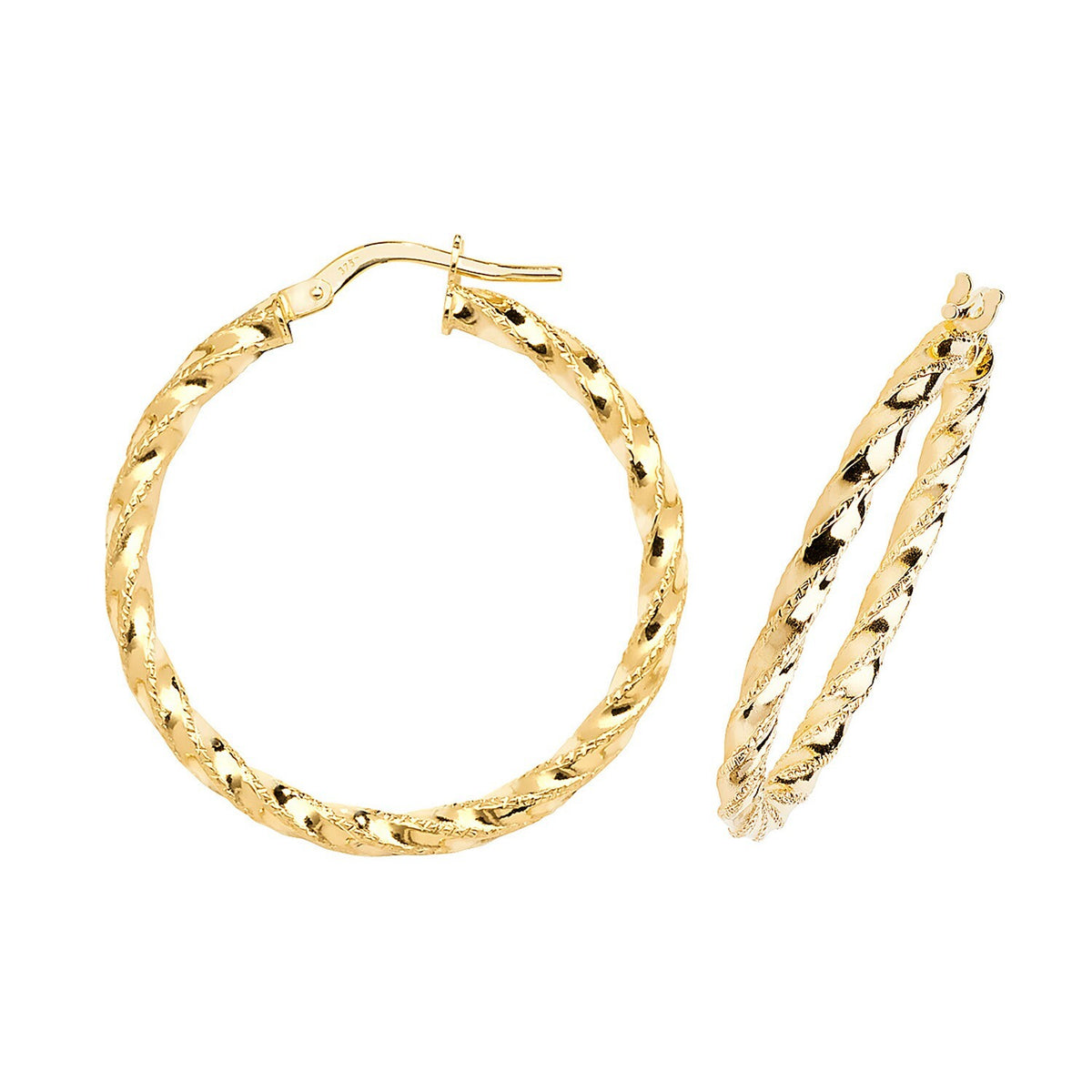 9ct Yellow Gold Diamond Cut Hoop Earrings 375 Hallmarked 8mm - 50mm Diameter