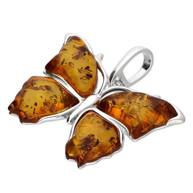 Statement Butterfly Amber Pendant Sterling Silver 925 Hallmark All Chain Lengths
