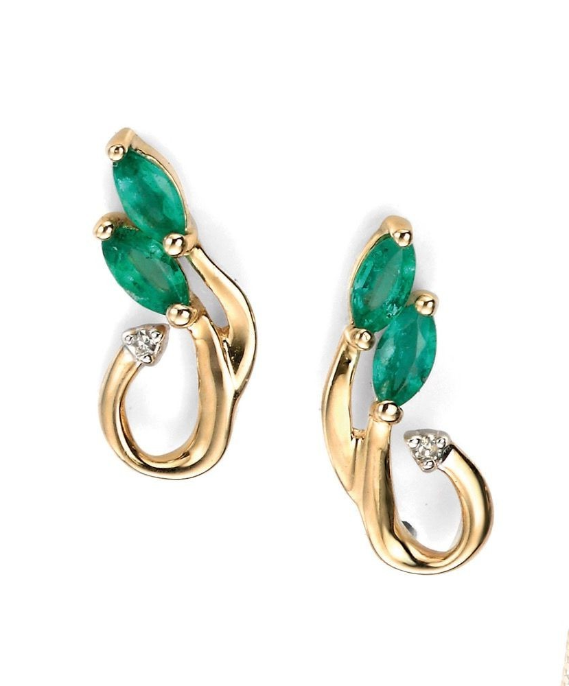 Emerald and Diamond Stud Marquise Earrings Yellow Gold Hallmarked British Made