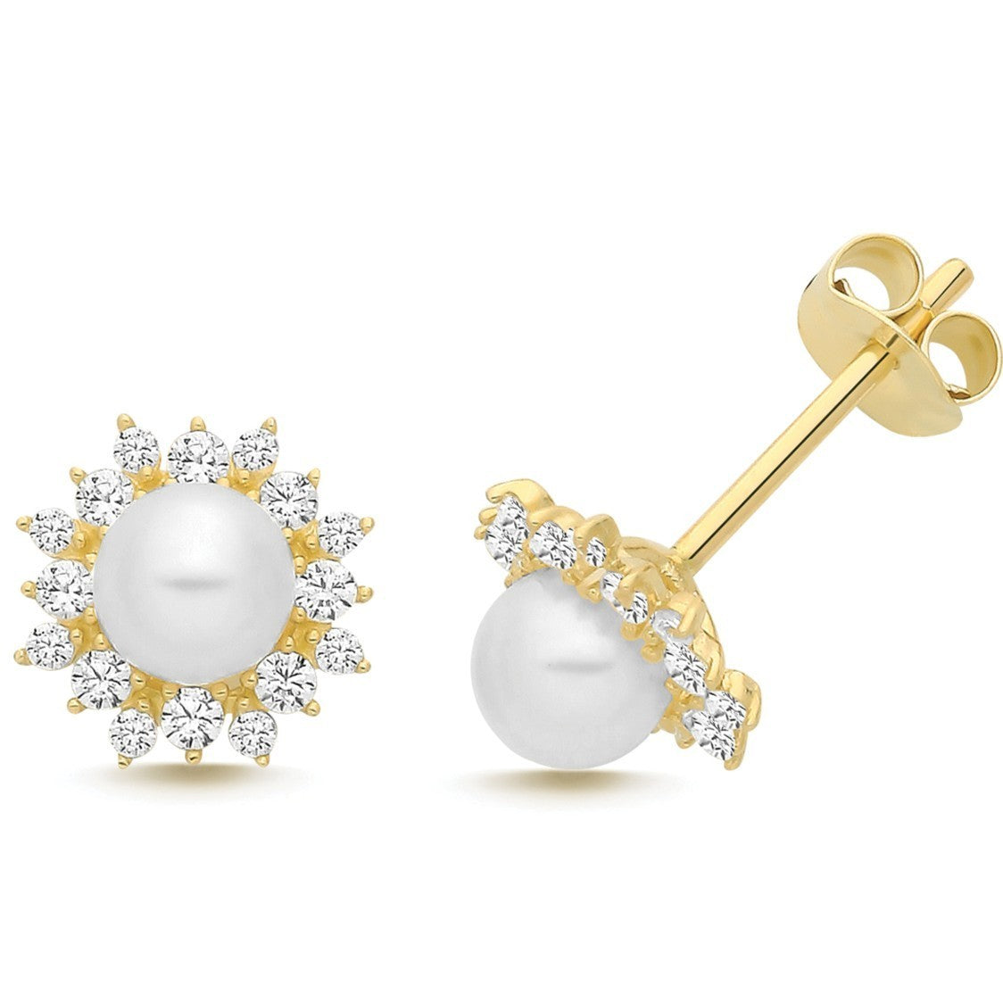 Vintage Halo Pearl Stud Earrings 9ct Yellow Gold 375 Hallmarked Brand New Boxed