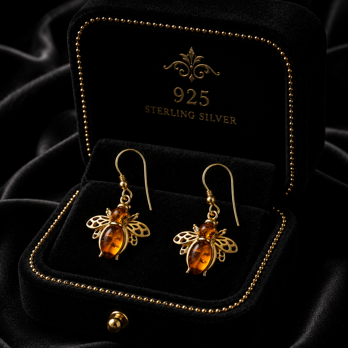 Amber Bumble Bee Drop Earrings 18ct Yellow Gold Plated Hallmarked British Made