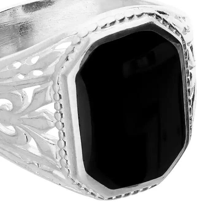 Sterling Silver Gents Ring Onyx Fancy Design Hallmarked Size S - W British Made