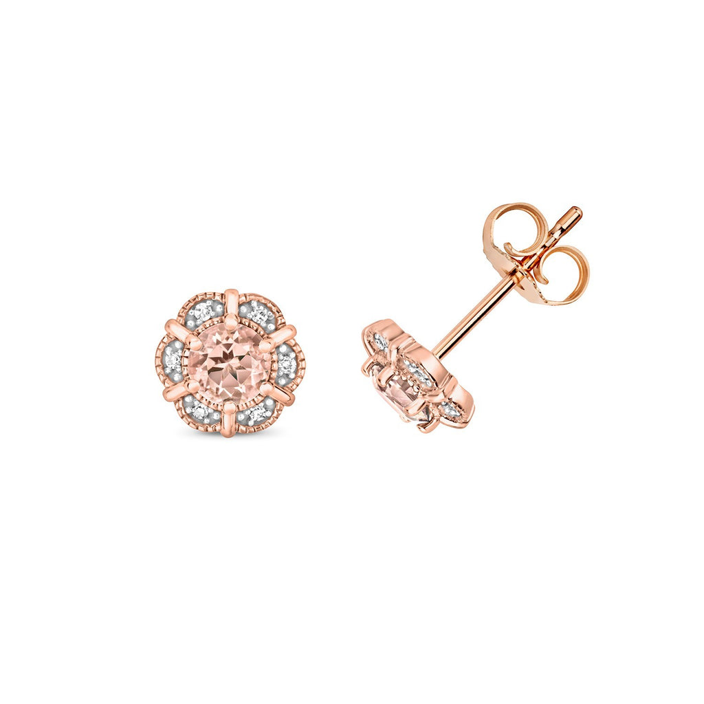 Natural Floral Morganite Diamond Stud Earrings 9ct Rose Gold 375 Hallmarked