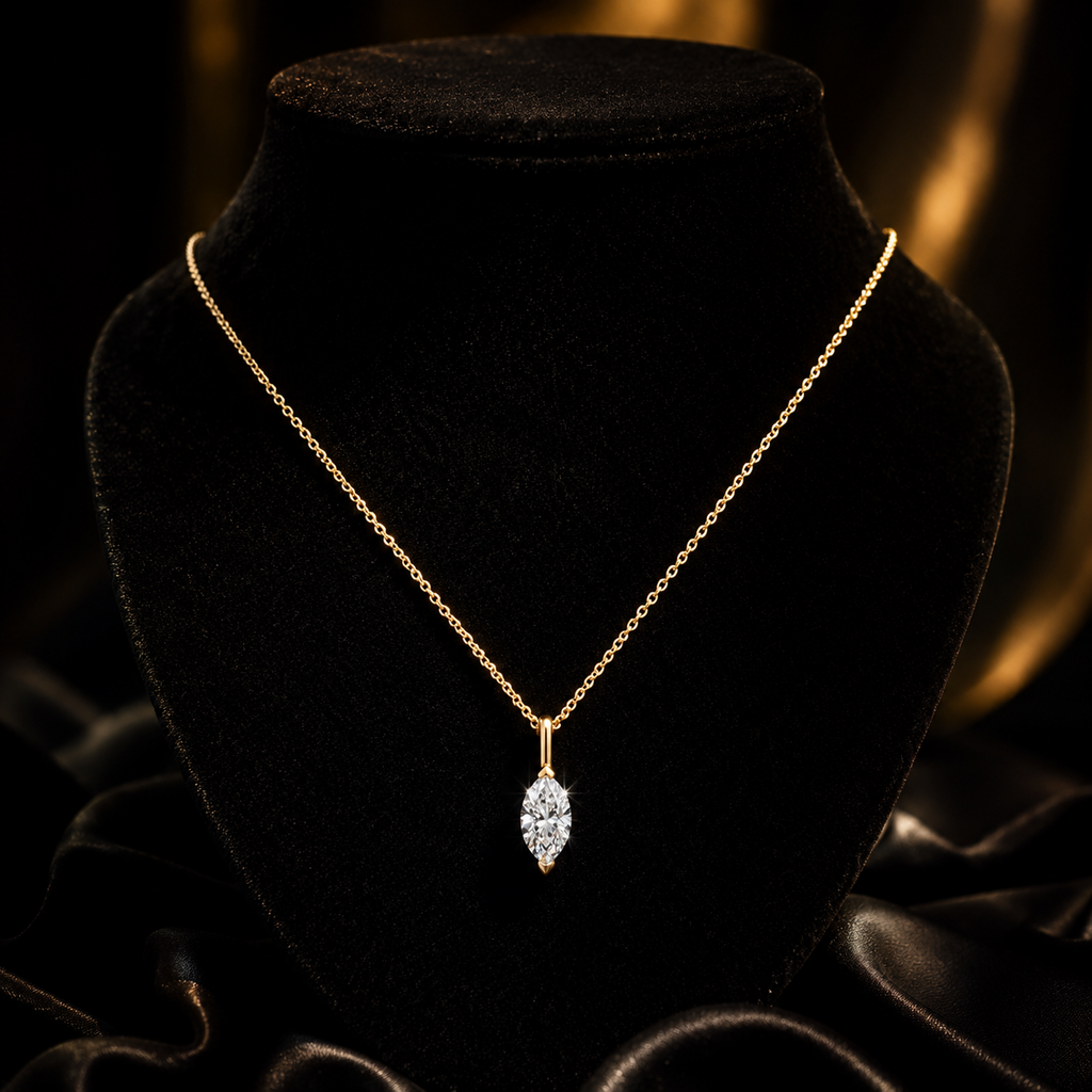 1 Natural Diamond Marquise Cut Necklace 18ct Yellow Gold Hallmarked British Made