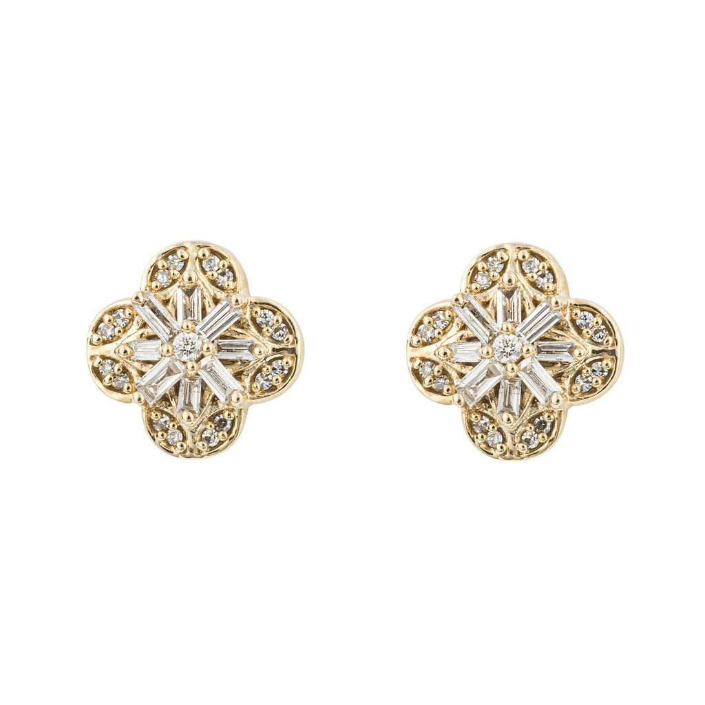 Baguette Flower Stud Diamond Earrings British Made 9ct Yellow Gold 375 Hallmark
