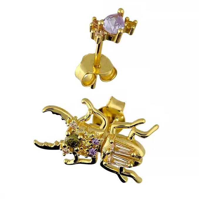 Beetle Paired Stud Earrings 18ct Yellow Gold Plated Hallmarked British Made
