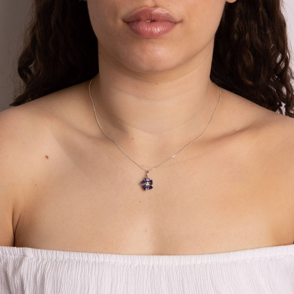 Iolite And Diamond Flower Pendant 9ct White Gold 375 Hallmarked British Made