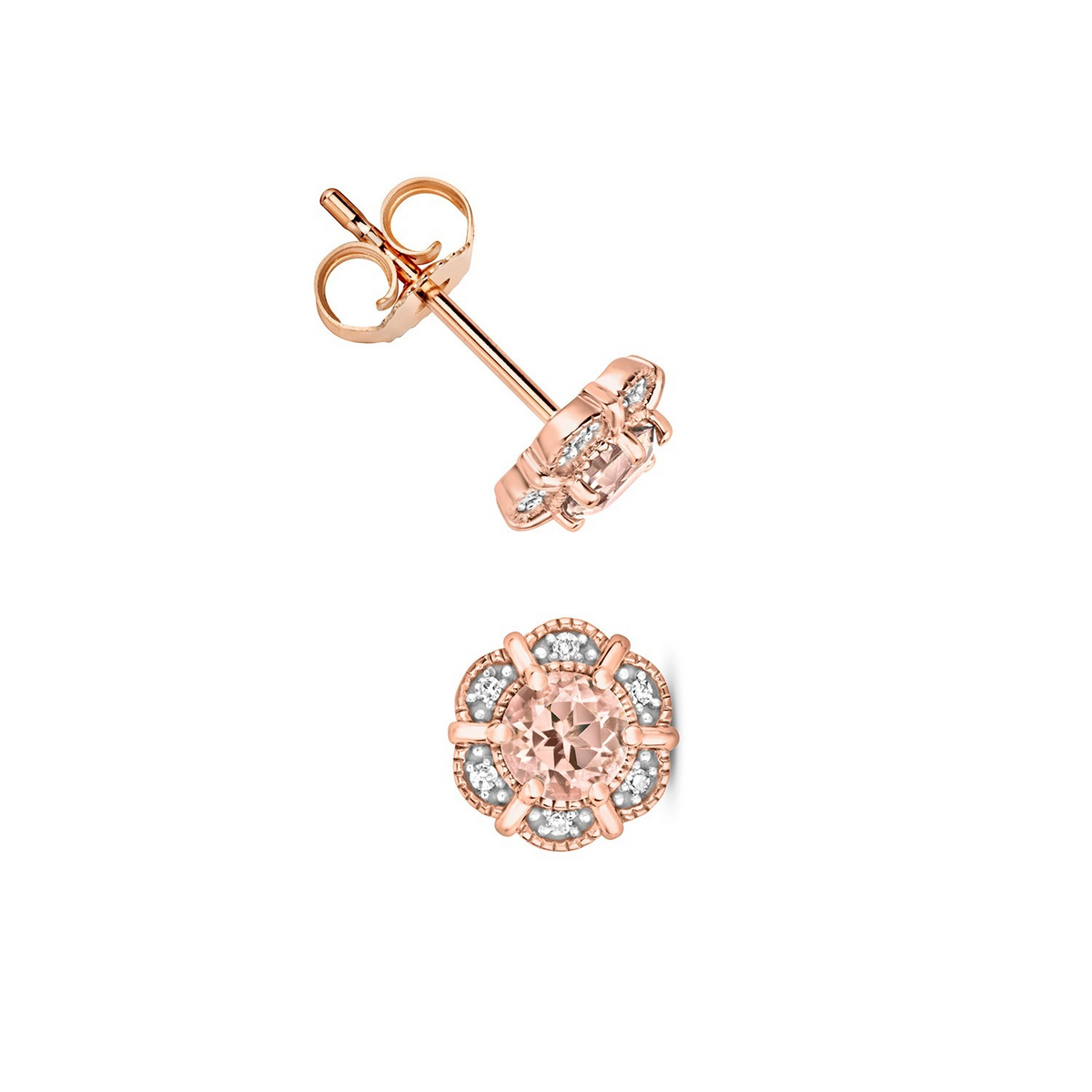 Natural Floral Morganite Diamond Stud Earrings 9ct Rose Gold 375 Hallmarked