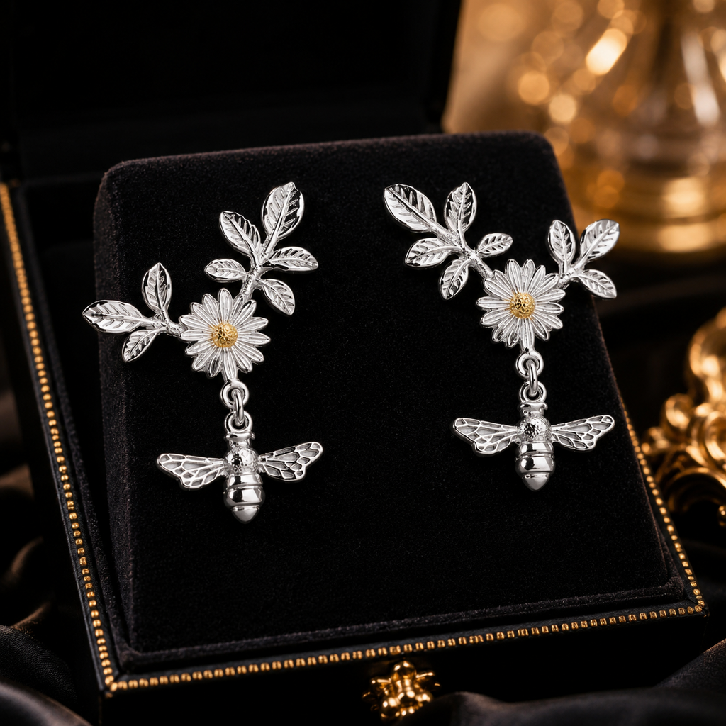 Daisy Bumble Bee Drop Earrings 18ct Yellow Gold Plated Hallmarked British Made