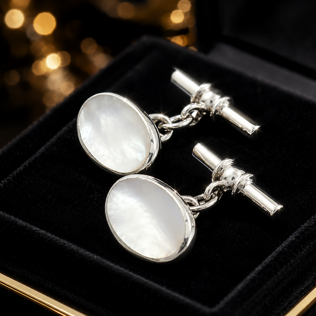 Sterling Silver Mother Of Pearl Cufflink Set Men's 925 Hallmarked British Made