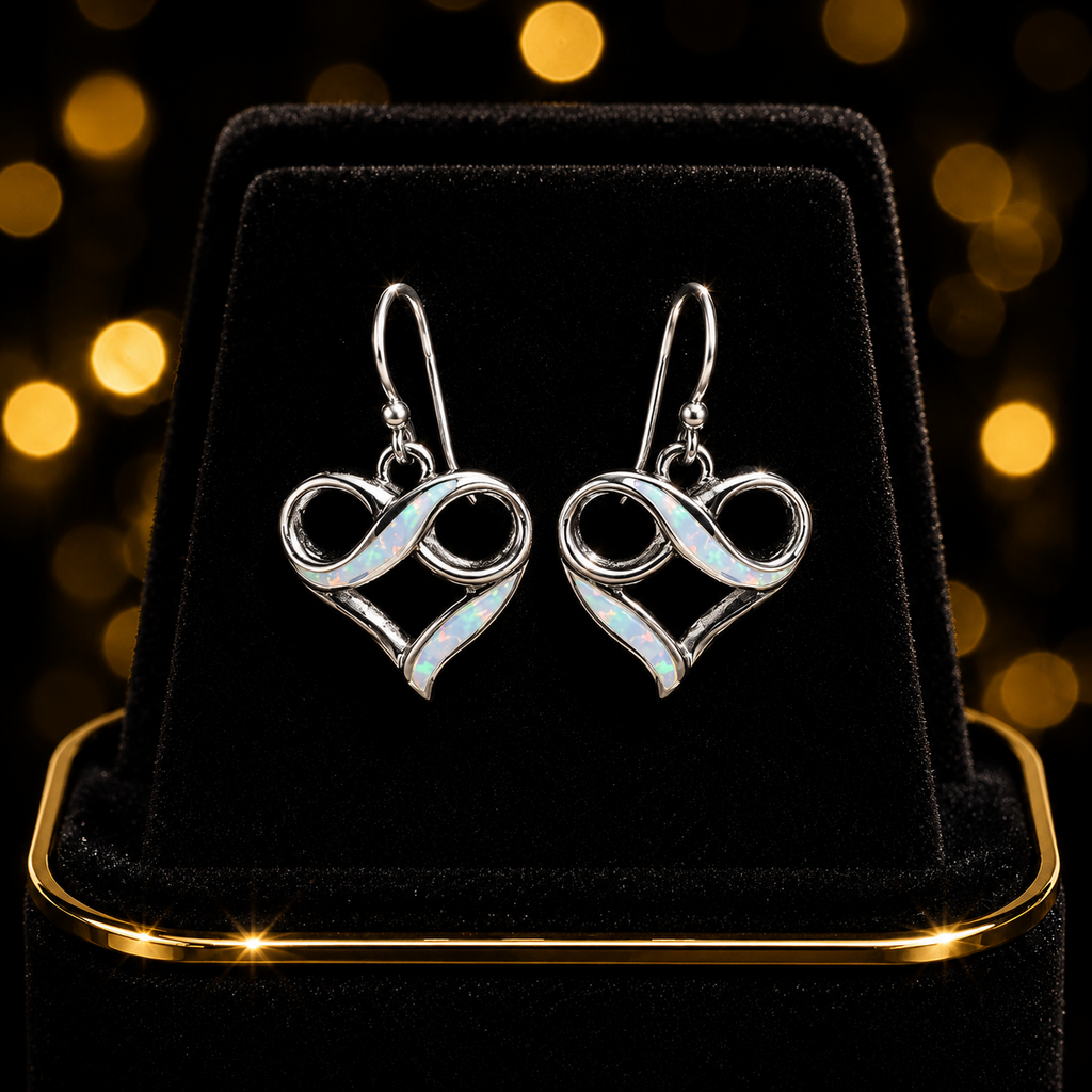 White Opal Infinity Heart Earrings Sterling Silver 925 Hallmarked British Made