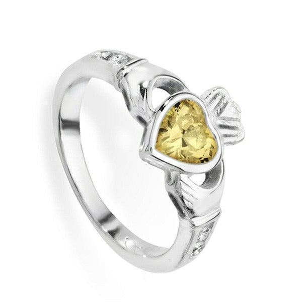 Sterling Silver Citrine Ring Claddagh November Stone 925 Hallmarked Size J - R