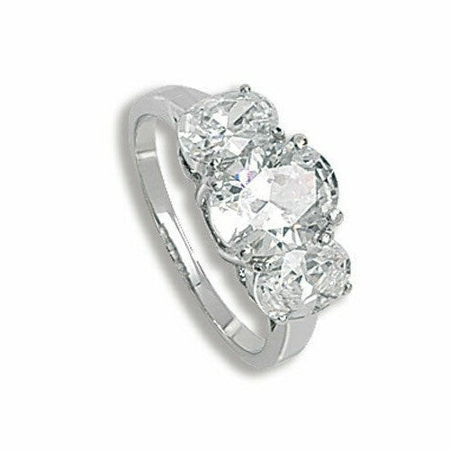 Sterling Silver Three Stone Ring Oval Trilogy Engagement 925 Hallmark Size L - T