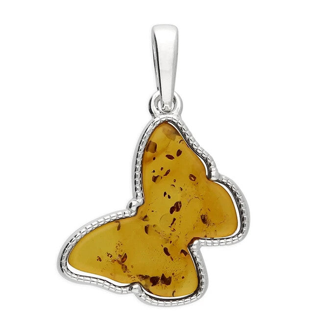 Butterfly Cognac Amber Pendant Sterling Silver 925 Hallmarked All Chain Lengths