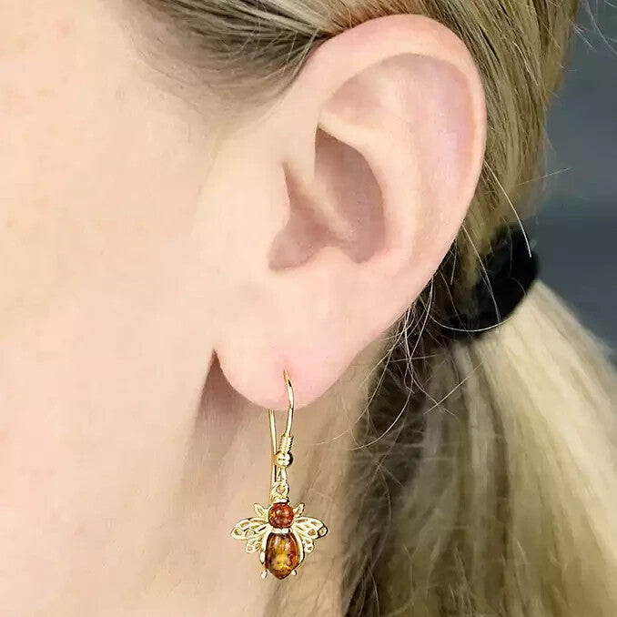 Amber Bumble Bee Drop Earrings 18ct Yellow Gold Plated Hallmarked British Made
