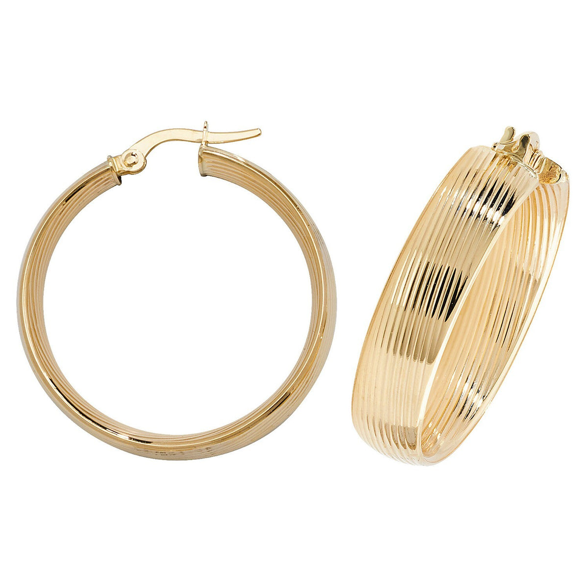 9ct Yellow Gold Ribbed Hoop Earrings 375 Hallmarked 10mm - 30mm Diameter