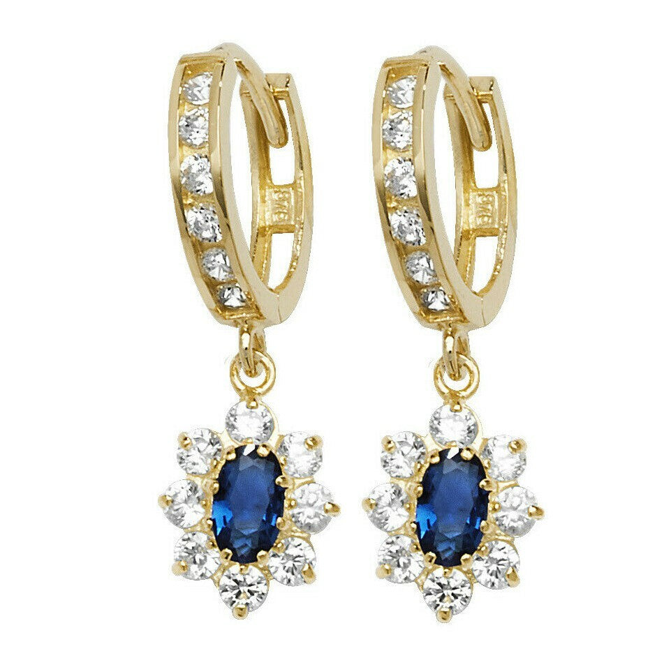 Yellow Gold Sapphire Earrings Drop Hoops Natural Stone 375 9 Carat New Boxed