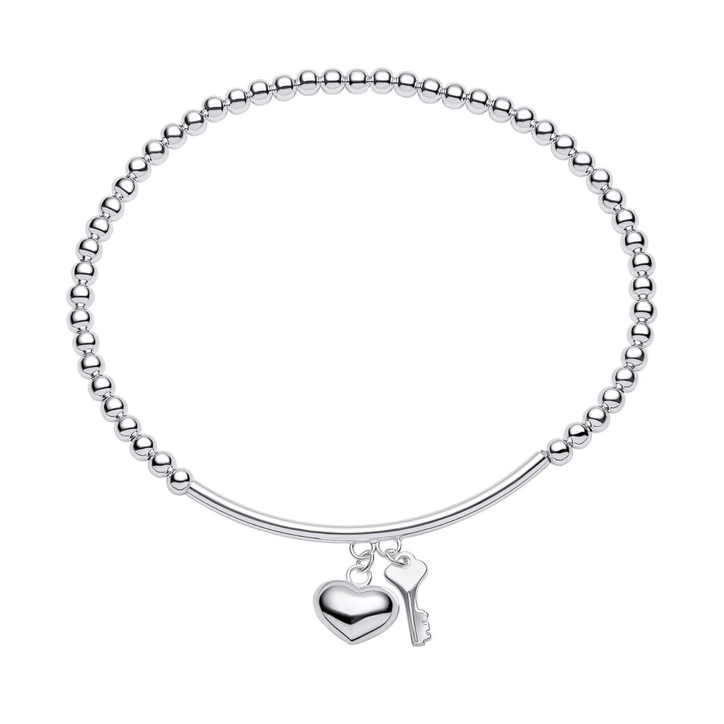 Heart & Key Stretch Bracelet Sterling Silver 925 Hallmarked Brand New Boxed