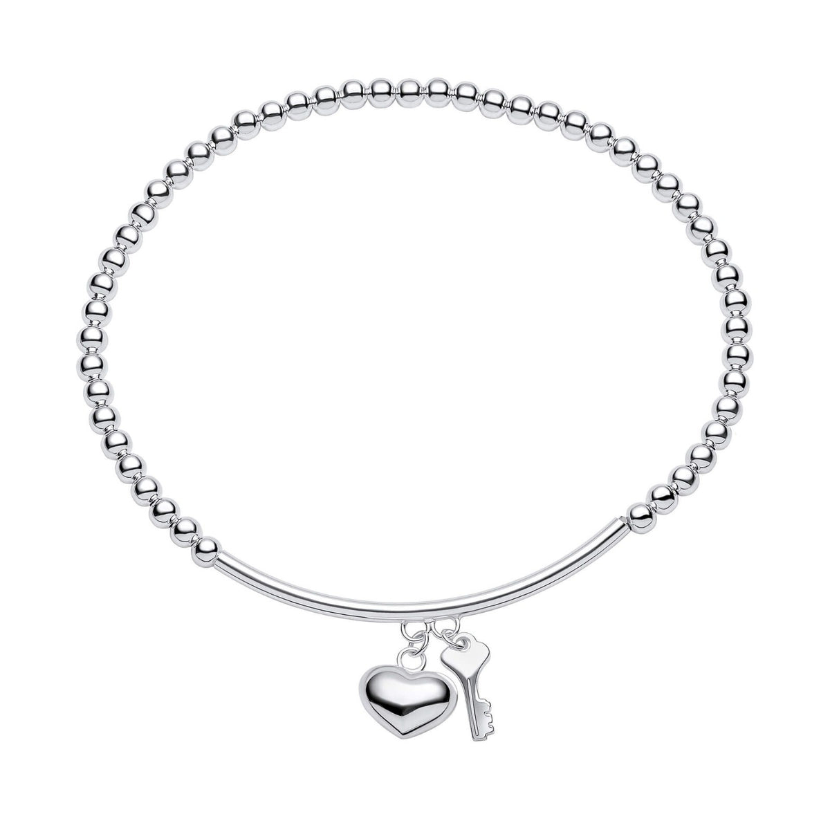 Heart & Key Stretch Bracelet Sterling Silver 925 Hallmarked Brand New Boxed