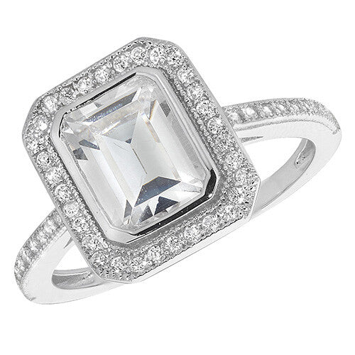 Sterling Silver Halo Ring Engagement Emerald Cut Gemstone 925 Hallmark Size M-R
