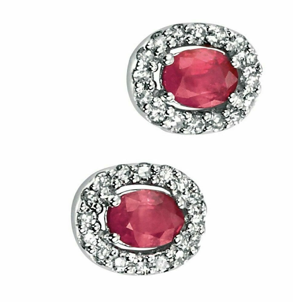 Natural Ruby Earrings with Diamond Cluster Surround in 9ct White Gold Brand New