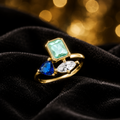Sapphire & Topaz 3 Stone Ring Yellow Gold Plated Hallmarked  J - R British Made