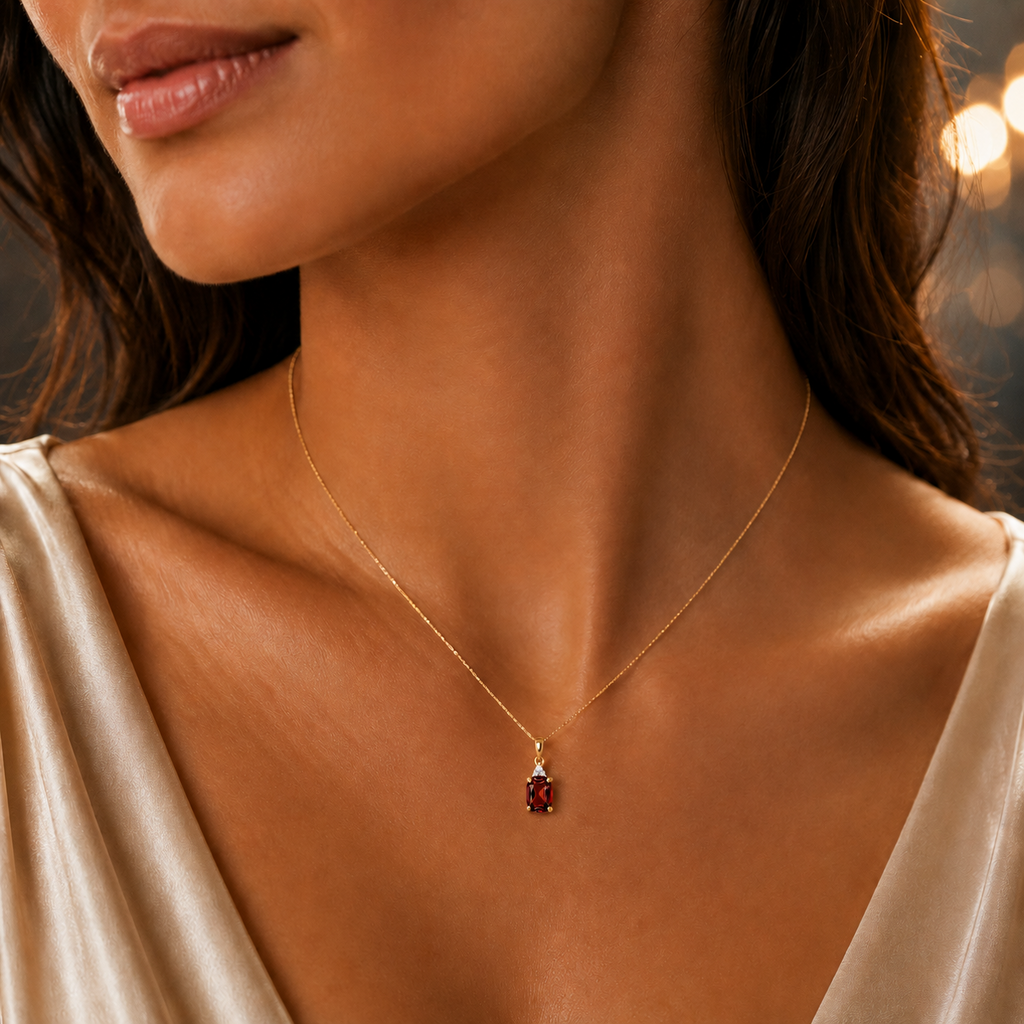 Cushion Garnet Diamond Pendant 9ct Yellow Gold 375 Hallmarked Chain Lengths