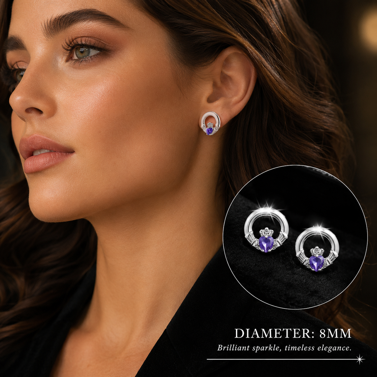 Amethyst Claddagh Stud Earrings Sterling Silver 925 Hallmarked British Made