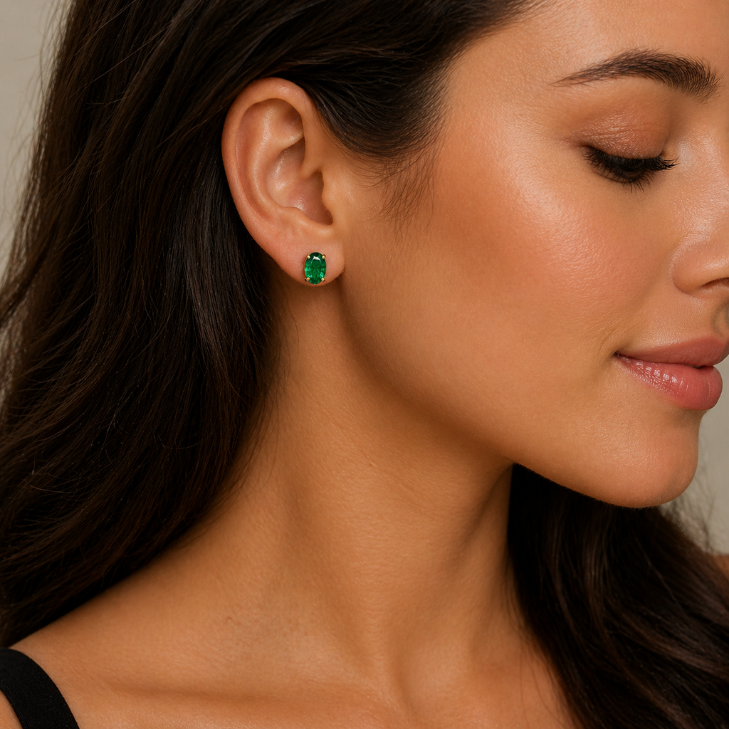 Natural Emerald Oval Earrings 9ct Yellow Gold 375 Hallmarked British Made