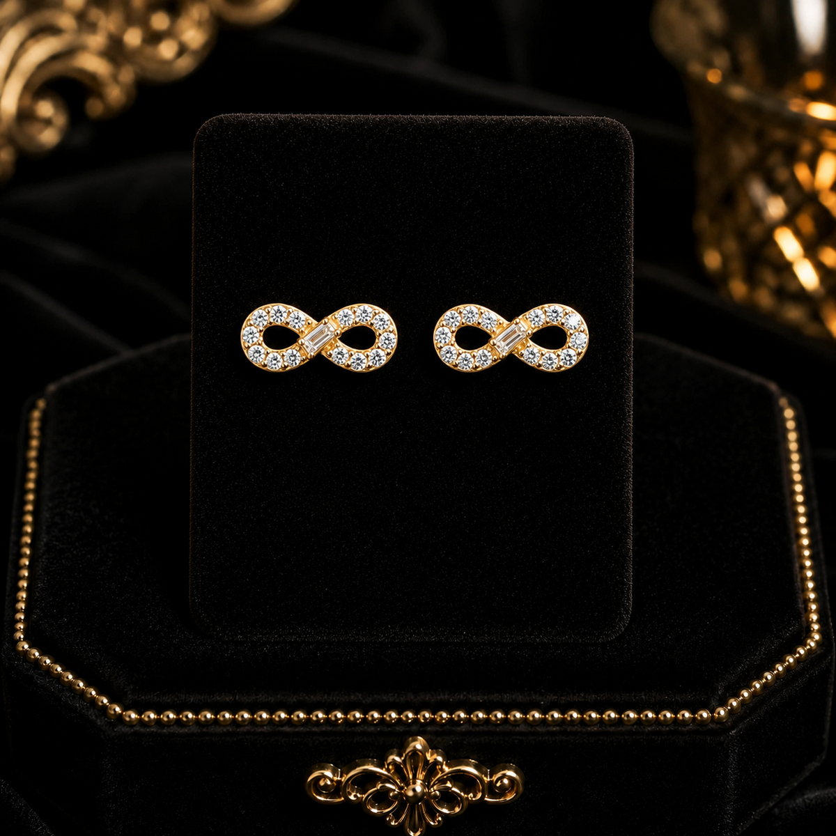 14 Stone Infinity Stud Earrings 9ct Yellow Gold 375 Hallmarked British Made