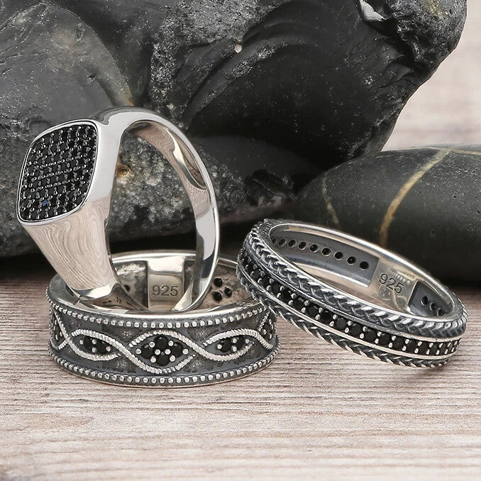 Sterling Silver Gents Vintage Set Onyx Ring 925 Hallmarked Size M-W British Made