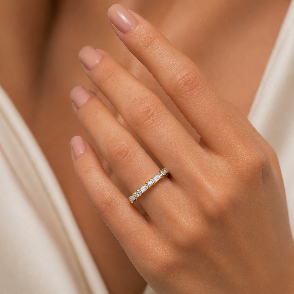Baguette Half Eternity Ring 9ct Yellow Gold Hallmarked Sizes L - S  British Made