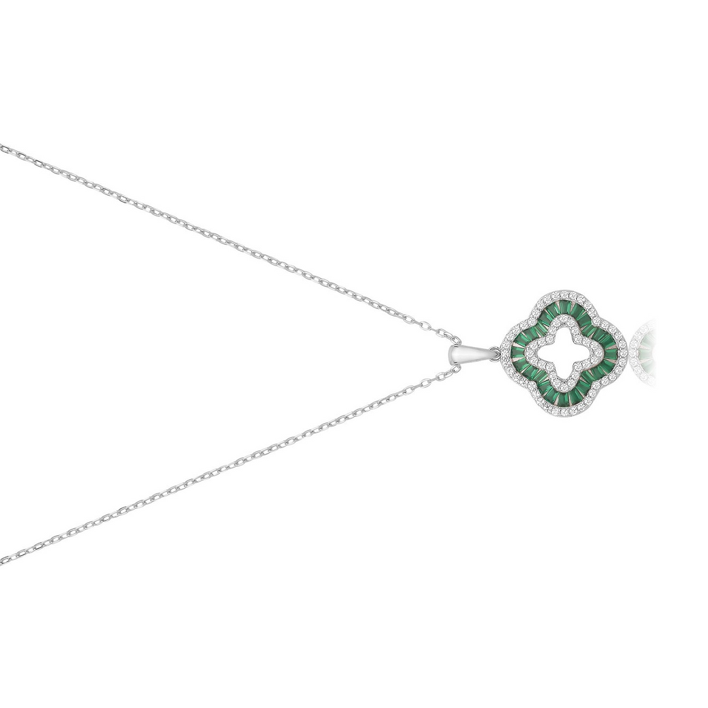 Halo Baguette Clover Necklace Sterling Silver 925 Hallmarked British Made