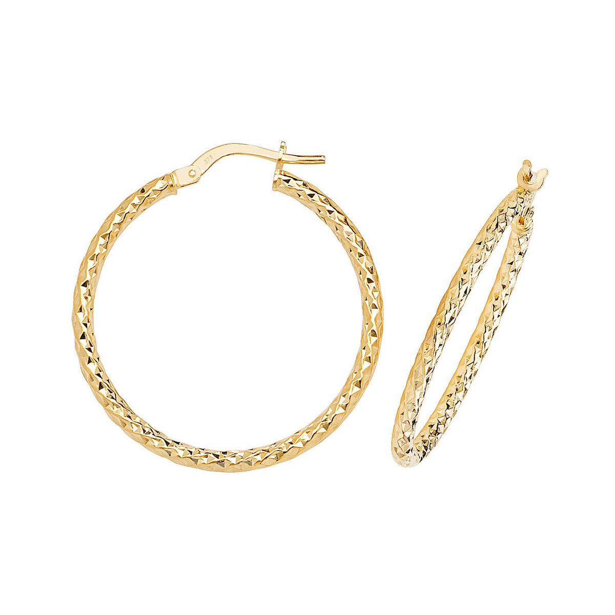 9ct Yellow Gold Diamond Cut Hoop Earrings 375 Hallmarked 8mm - 30mm Diameter