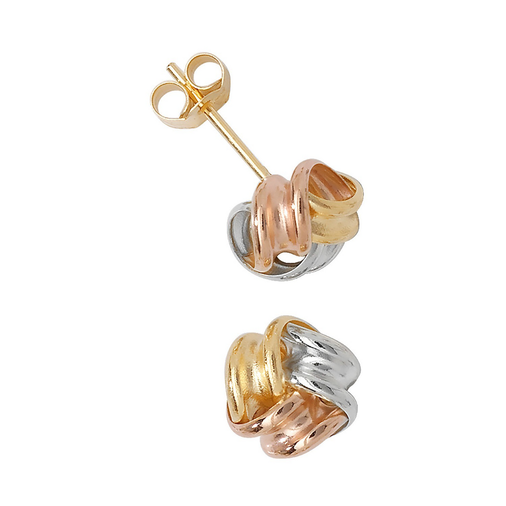 7mm Knot Stud Earrings 9ct Tri Gold 375 Hallmarked British Made Brand New Boxed