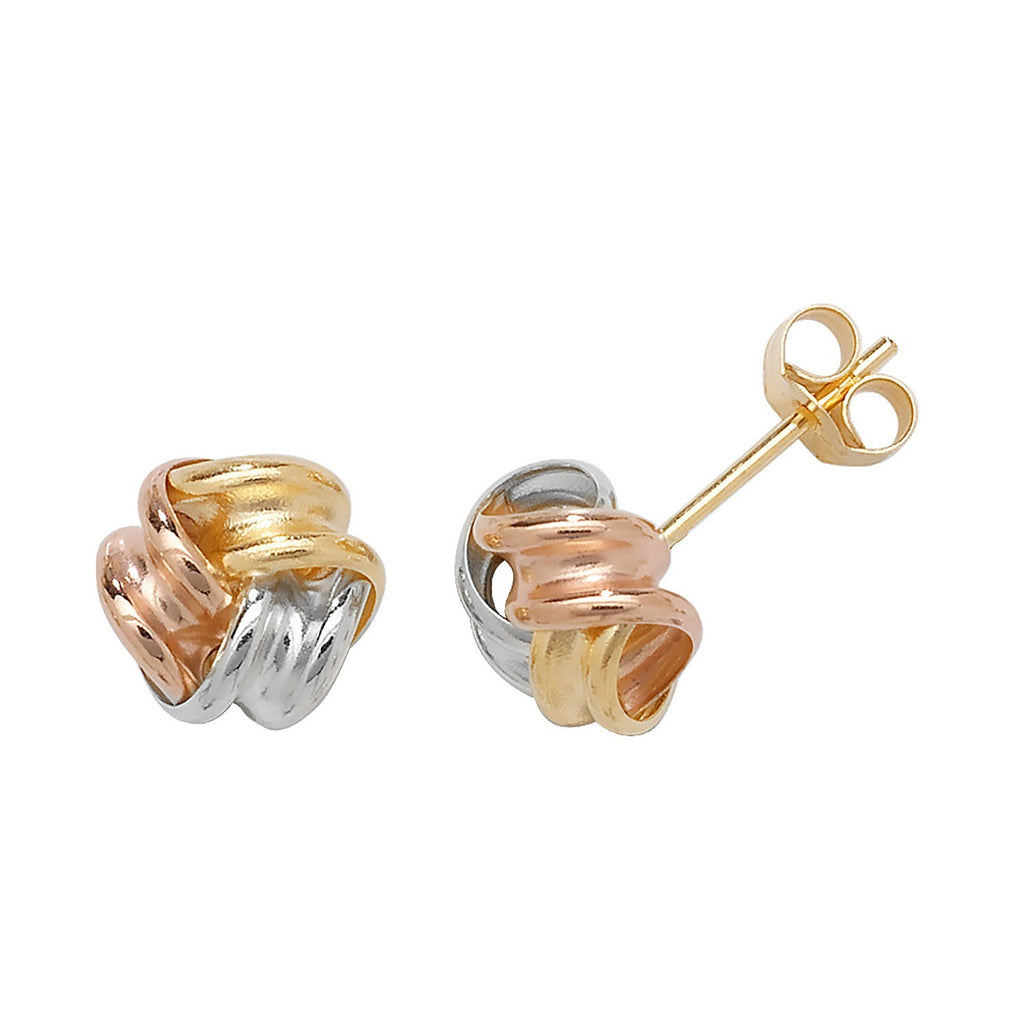 7mm Knot Stud Earrings 9ct Tri Gold 375 Hallmarked British Made Brand New Boxed
