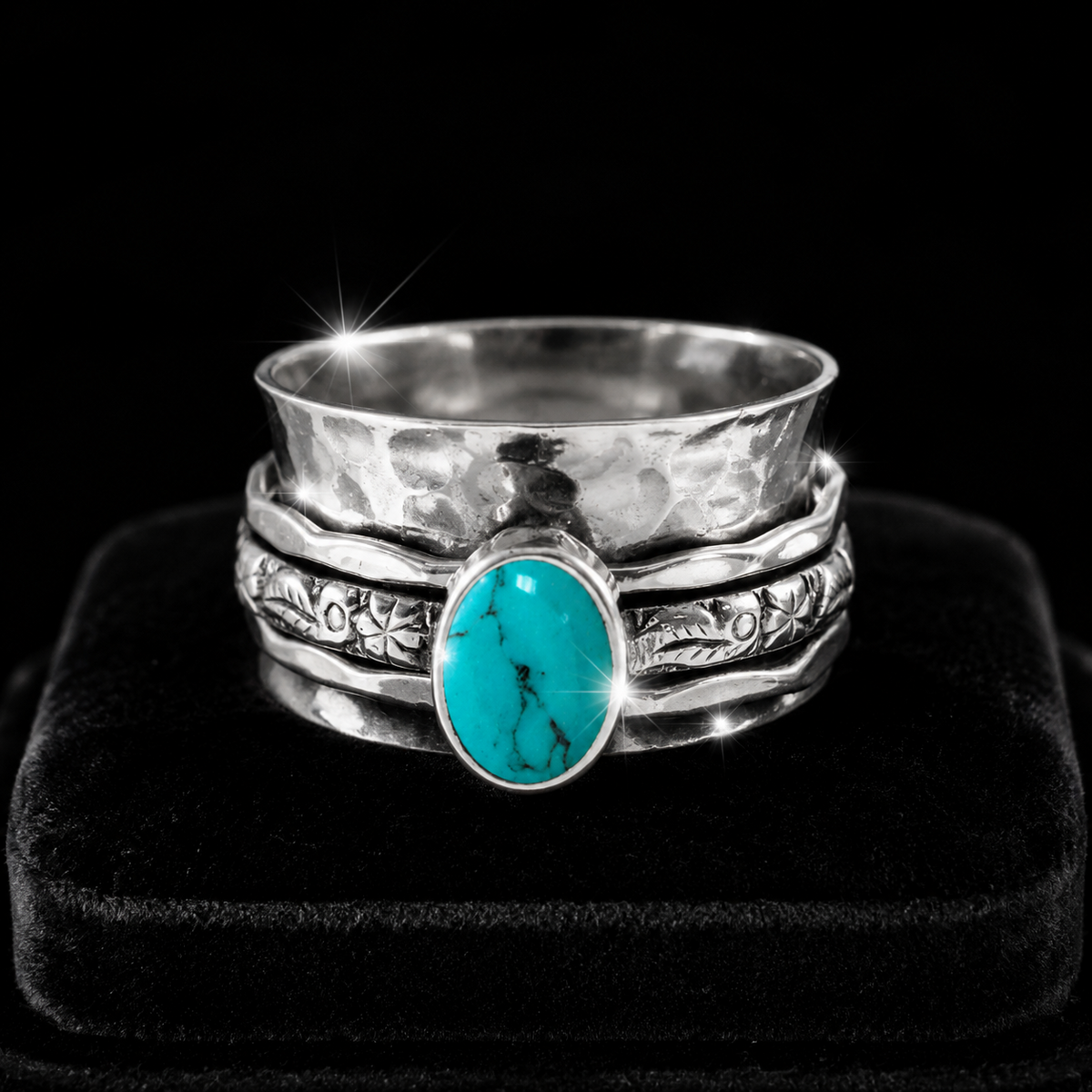 Triple Floral Turquoise Spinner Ring Sterling Silver 925 Hallmarked Size K - T