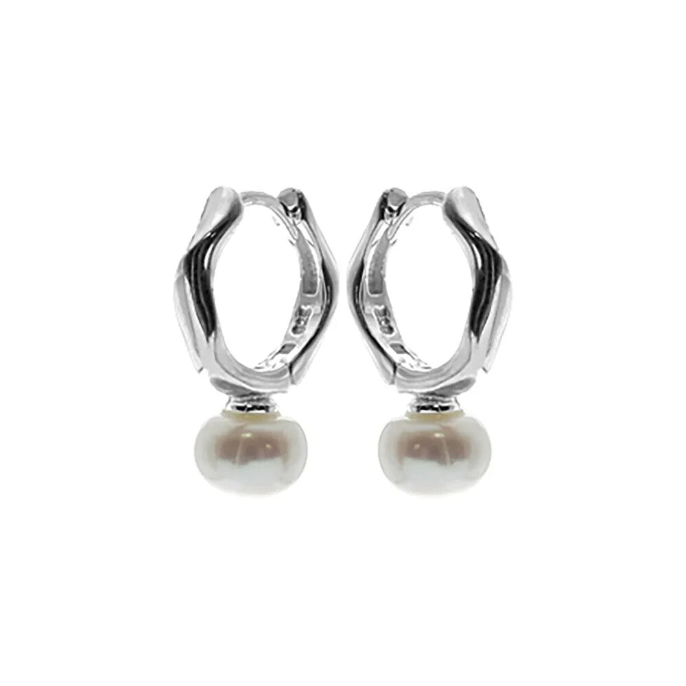 Hexagon Pearl Huggie Hoop Earrings Sterling Silver 925 Hallmark Brand New Boxed