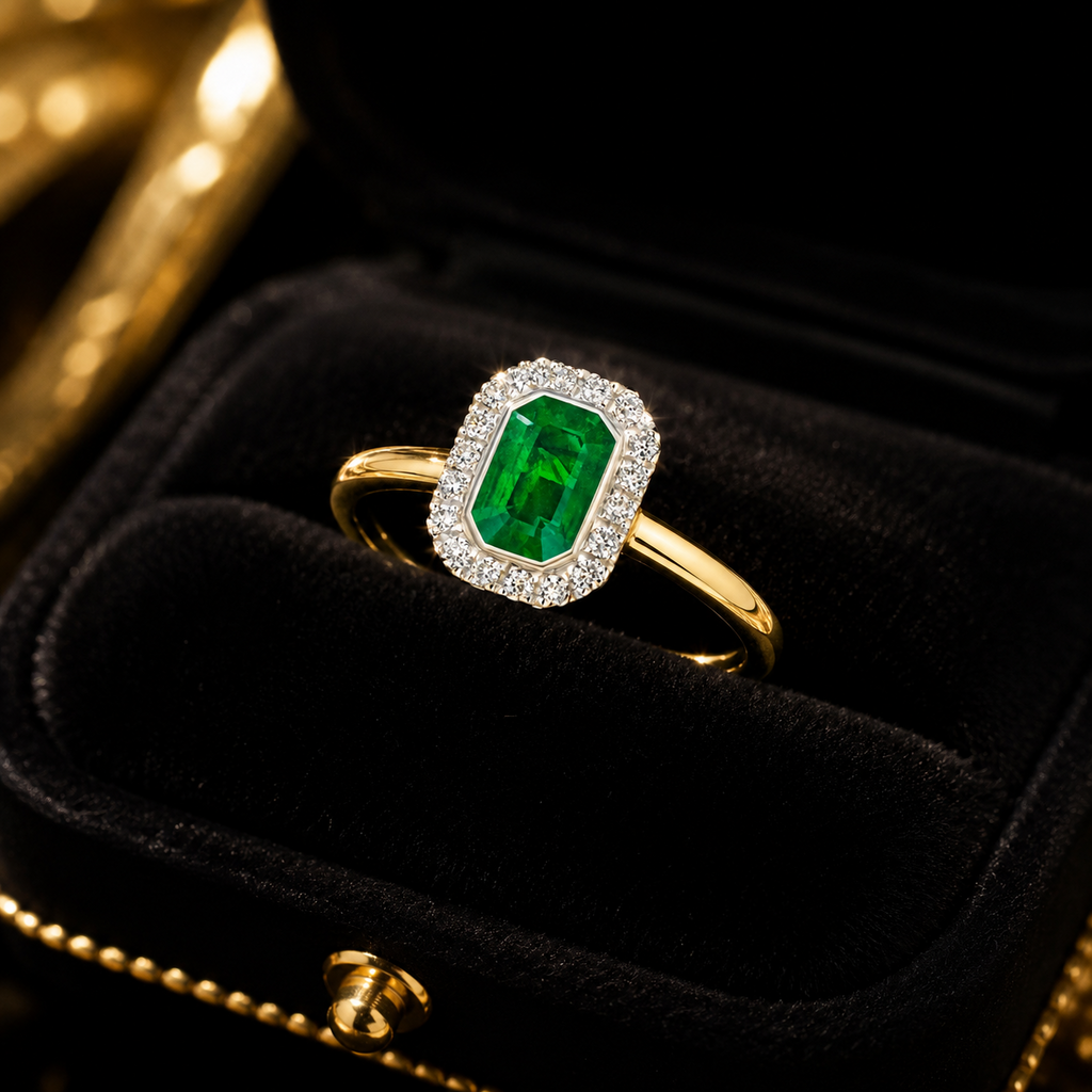 Halo Emerald Diamond Halo Ring 9ct Gold 375 Hallmarked J - Q British Made