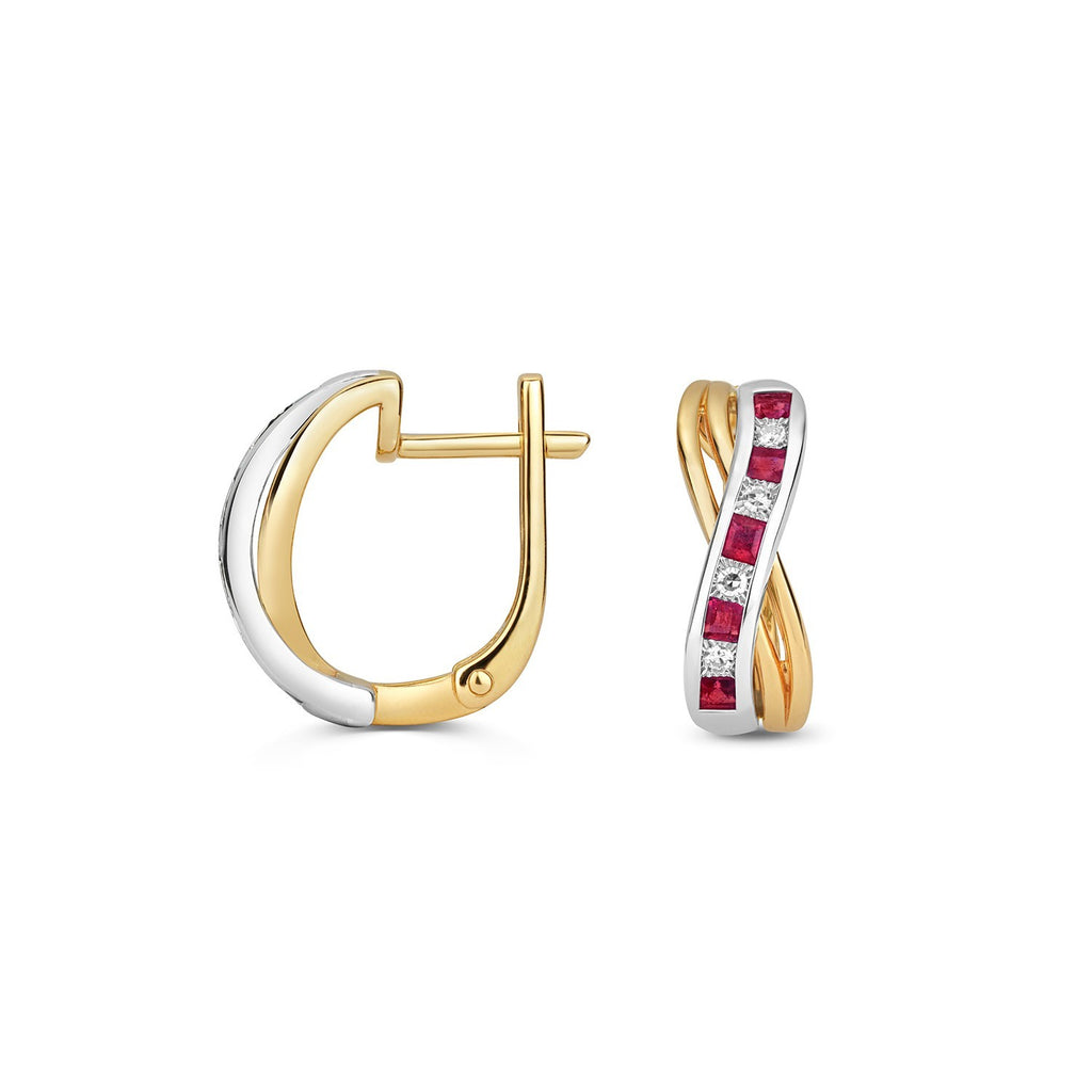 Natural Ruby Diamond Drop Hoop Earrings 9ct Multi Tone Gold 375 Hallmarked