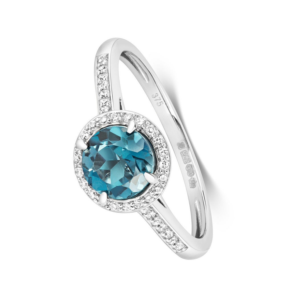 Round Halo Blue Topaz Diamond Ring 9ct White Gold 375 Hallmarked Sizes J - Q