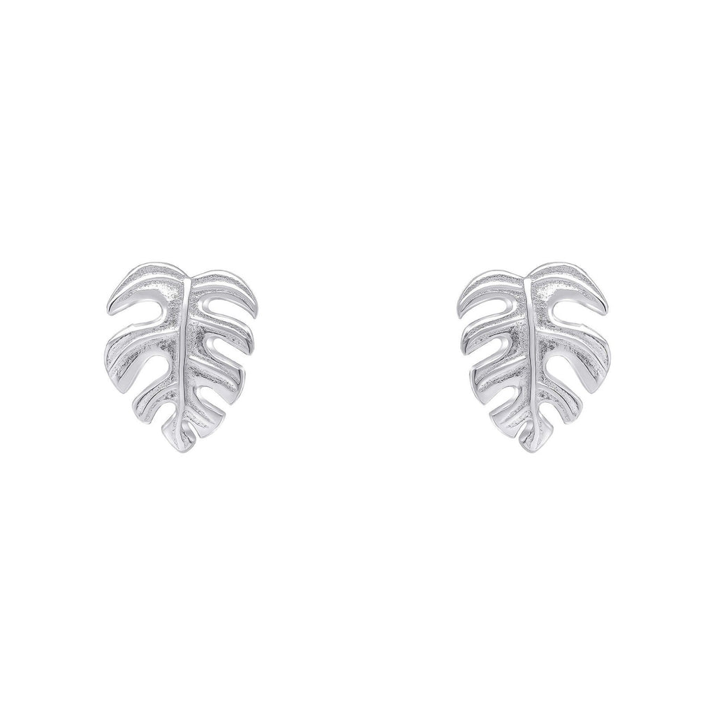 Monstera Leaf Stud Earrings Sterling Silver 925 Hallmark British Made Brand New
