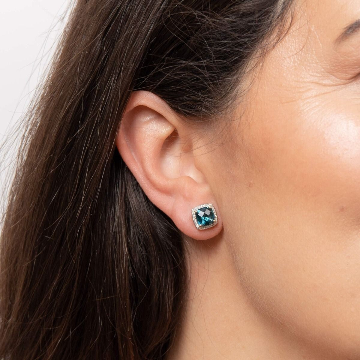 Checkerboard London Blue Topaz Earrings with Diamond in 9ct Yellow Gold