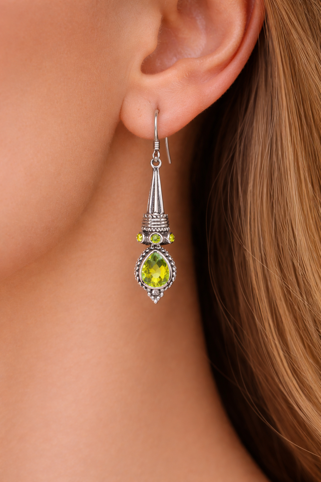 Vintage Peridot Drop Earrings Sterling Silver 925 Hallmarked British Made