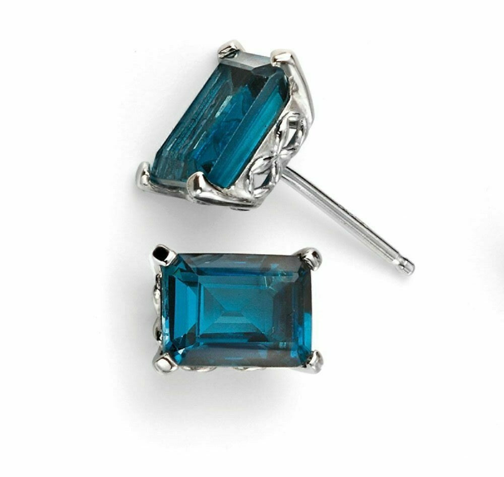 London Blue Topaz Stud Earrings 9k White Gold 375 Hallmarked British Made