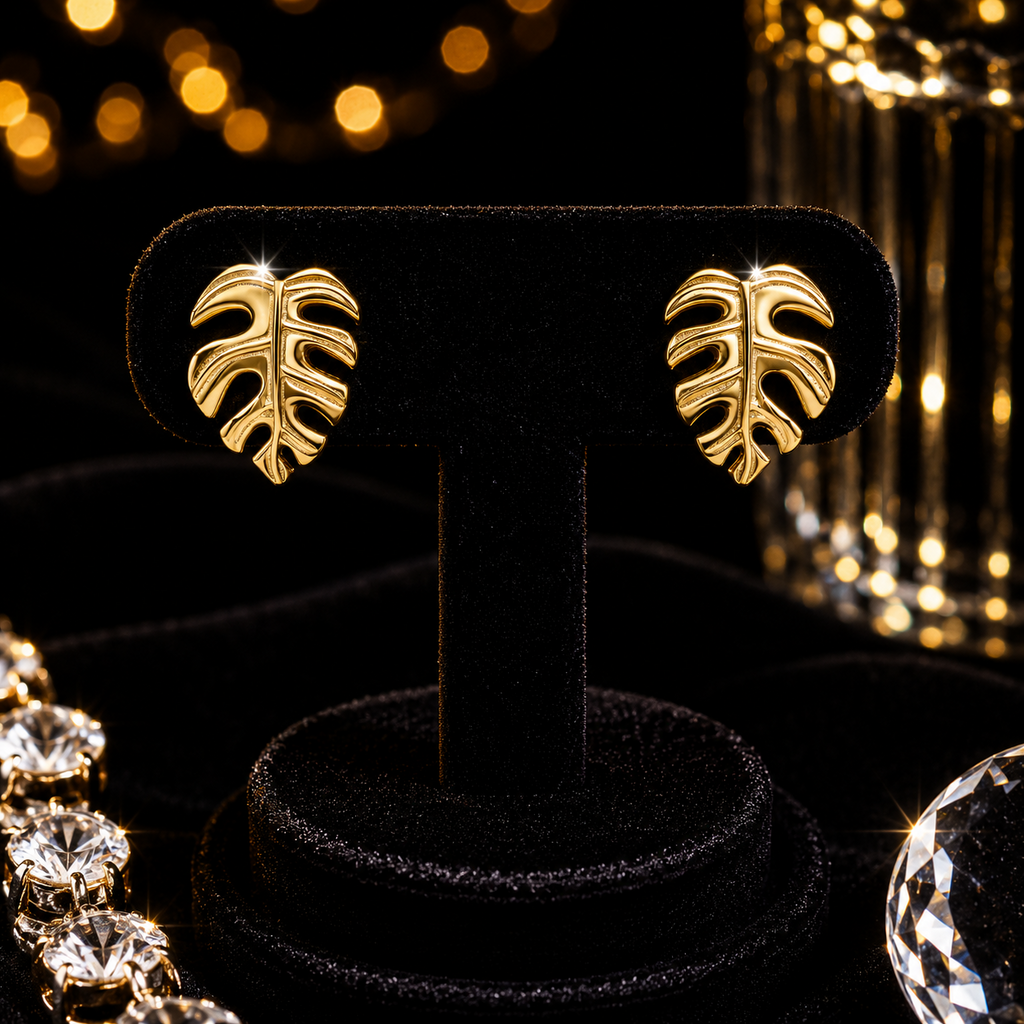Monstera Leaf Stud Earrings Yellow Gold Plated Hallmarked British Made Brand New