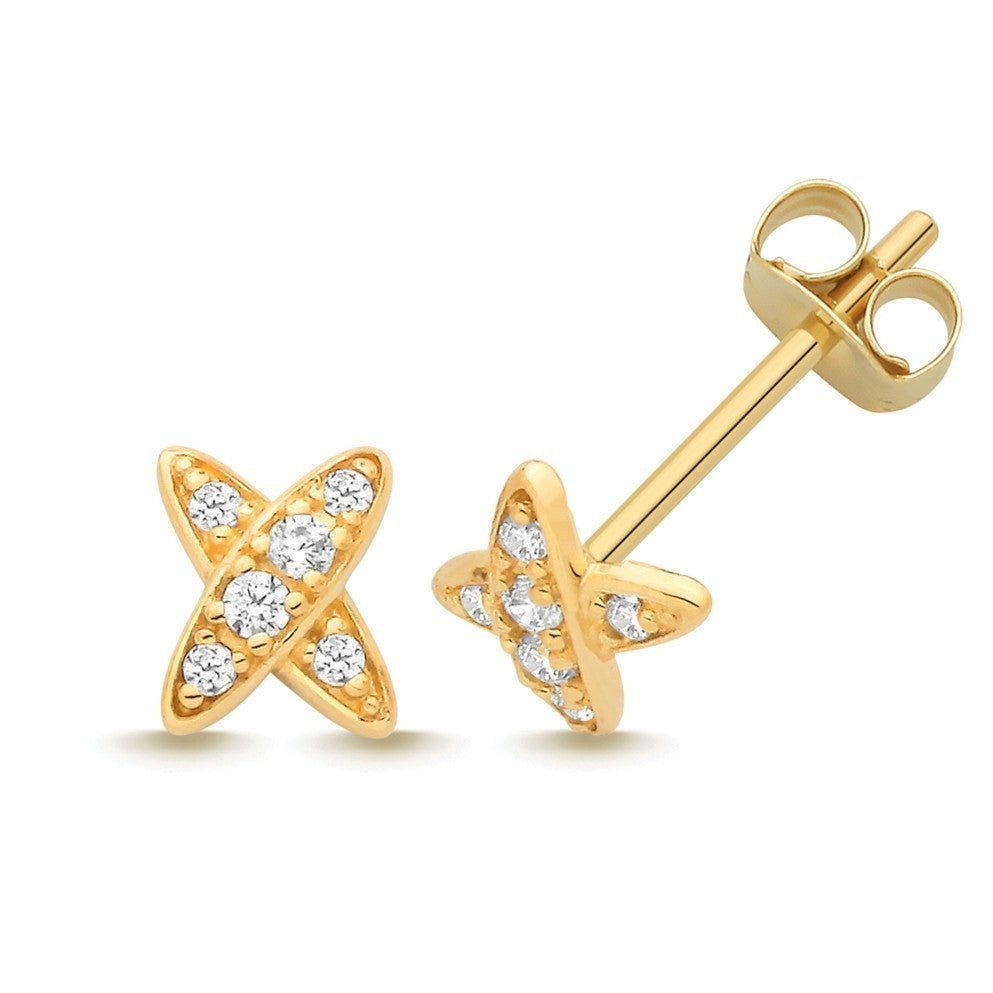 X Kiss Prong Stud Earrings 9ct Yellow Gold 375 Hallmarked Brand New Boxed