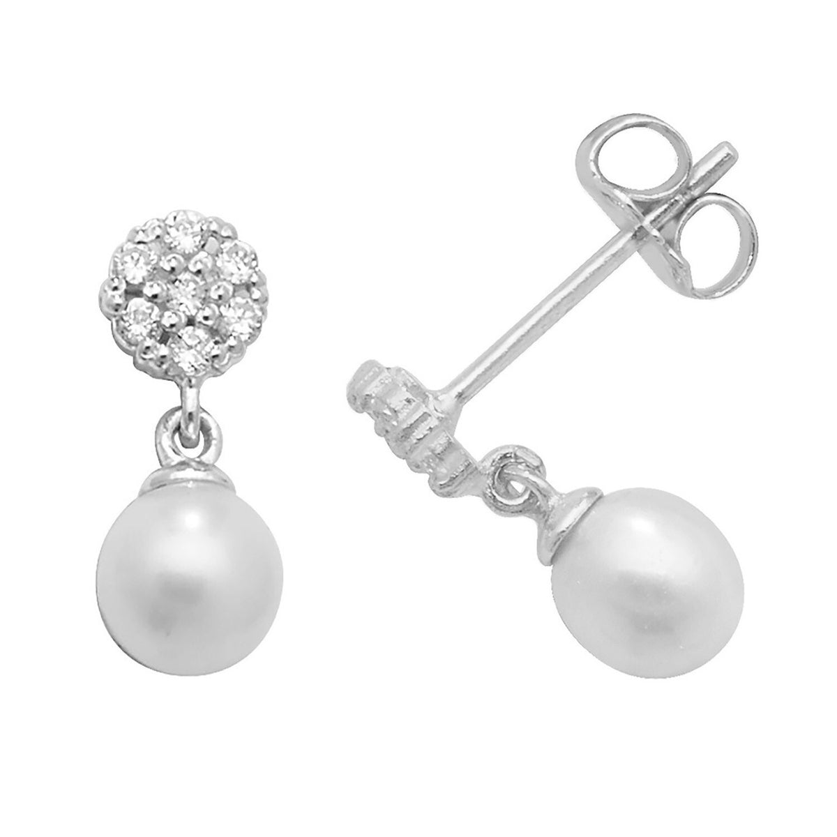 Cluster Natural Pearl Drop Earrings 9ct White Gold 375 Hallmark Brand New Boxed