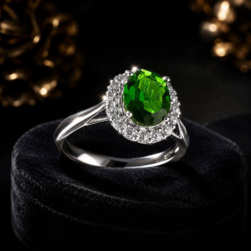 Oval Halo Emerald Ring Sterling Silver 925 Hallmarked British Made Size L - S